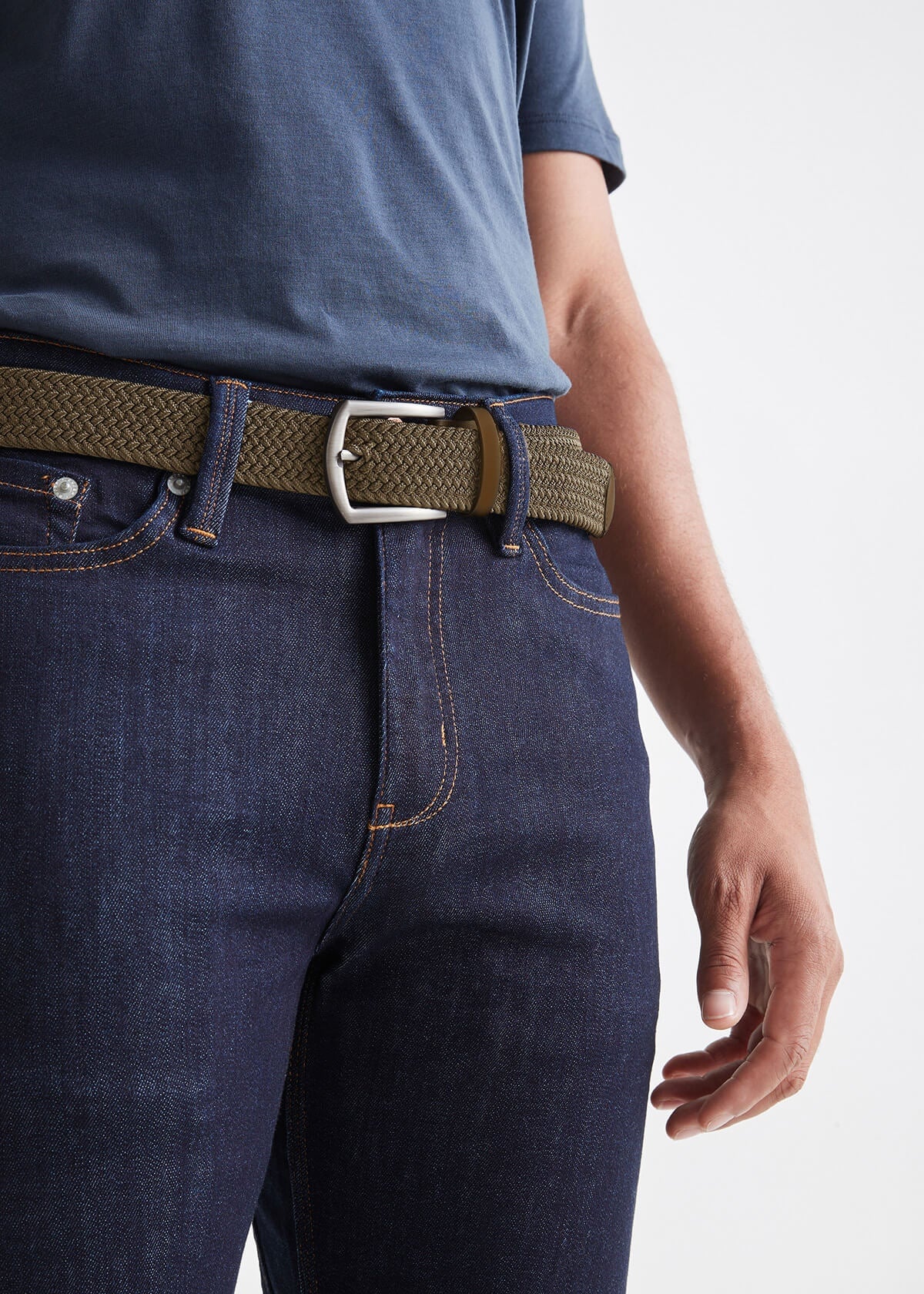 mens dark khaki performance stretch belt front