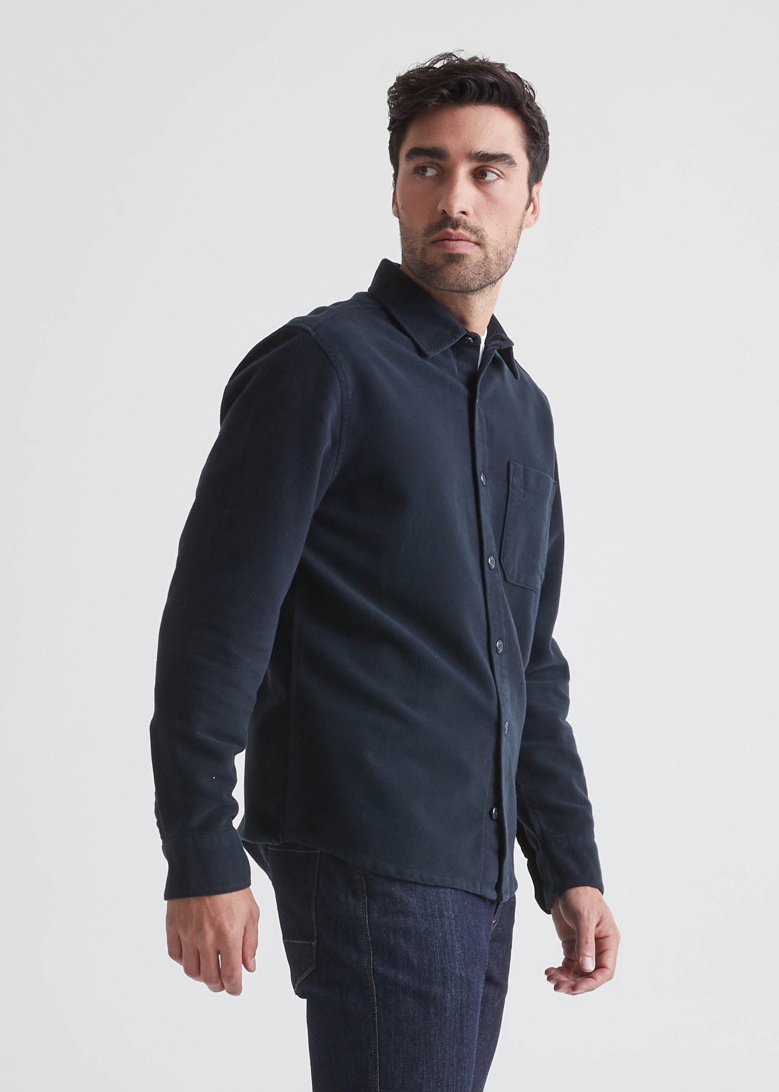 Men's Navy Relaxed Moleskin Button Up Shirt Side