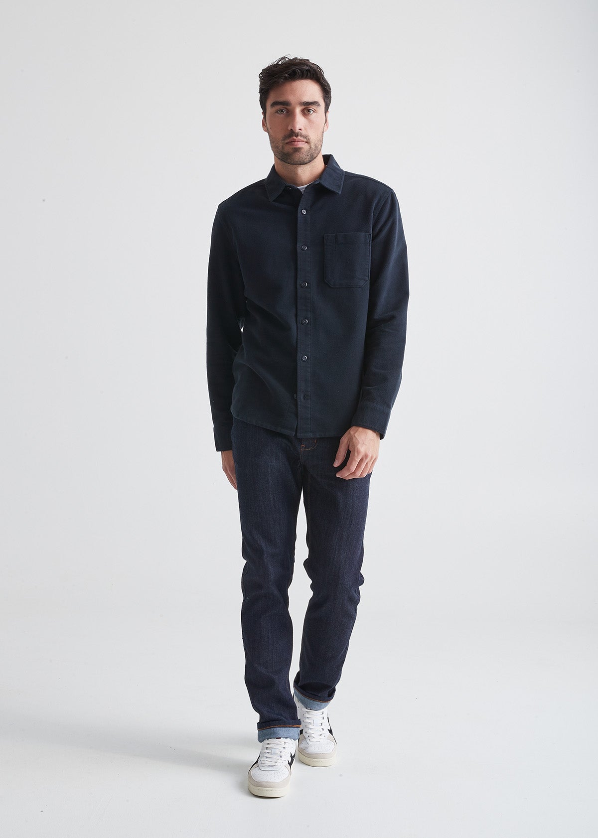 Men's Navy Relaxed Moleskin Button Up Shirt Full Body