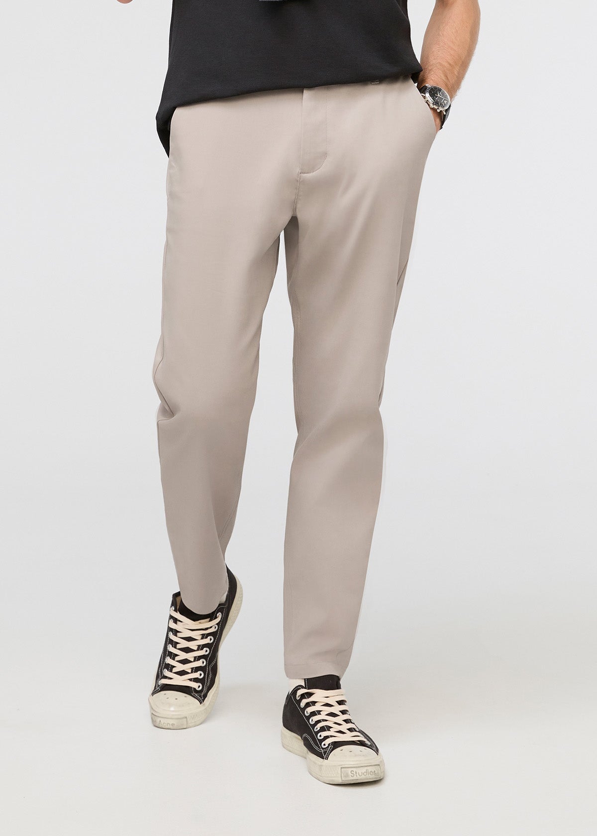 mens light khaki stretch flex pant front