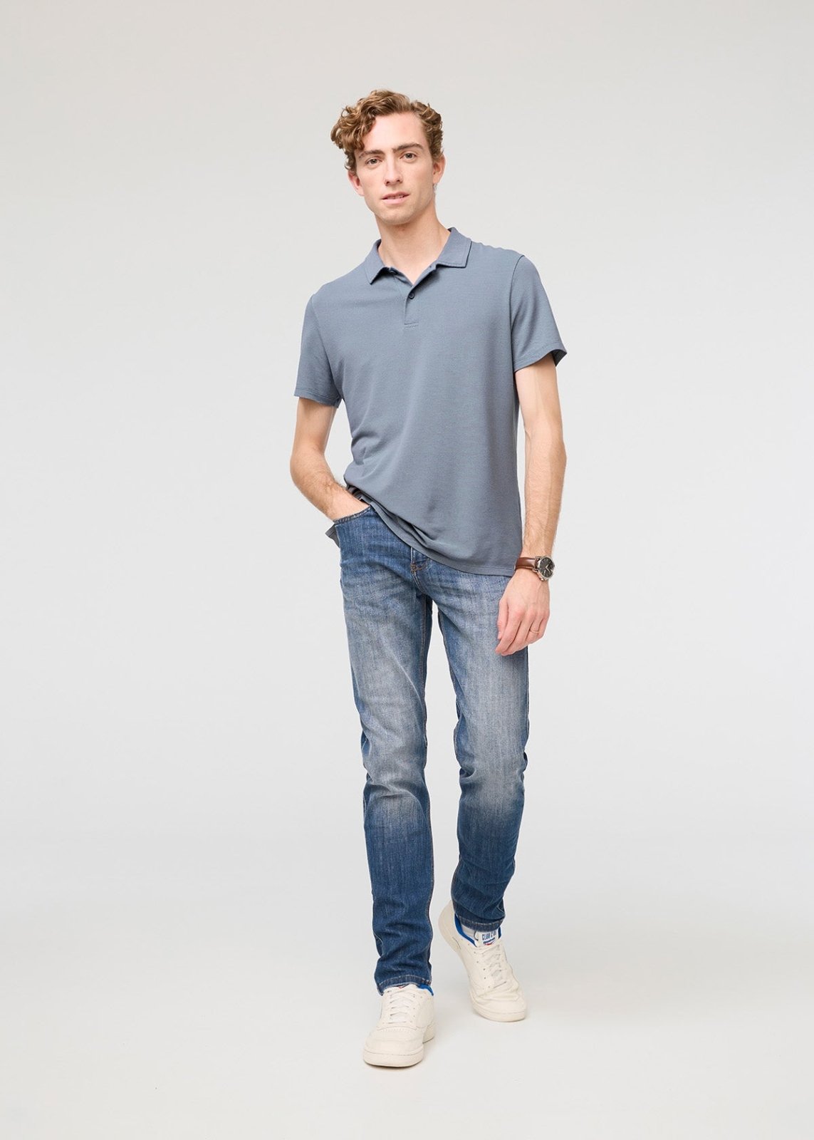 mens breathable stone blue polo full body