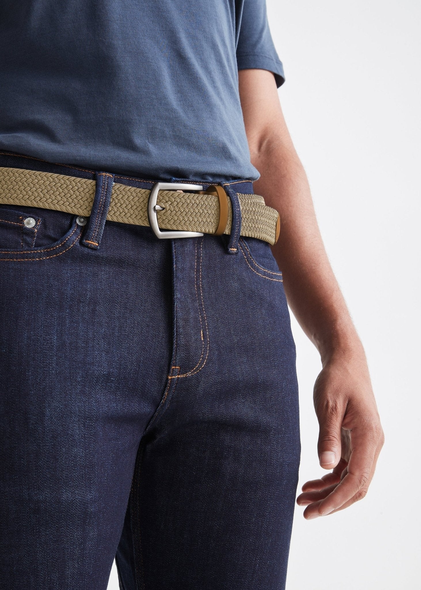 mens beige performance stretch belt front