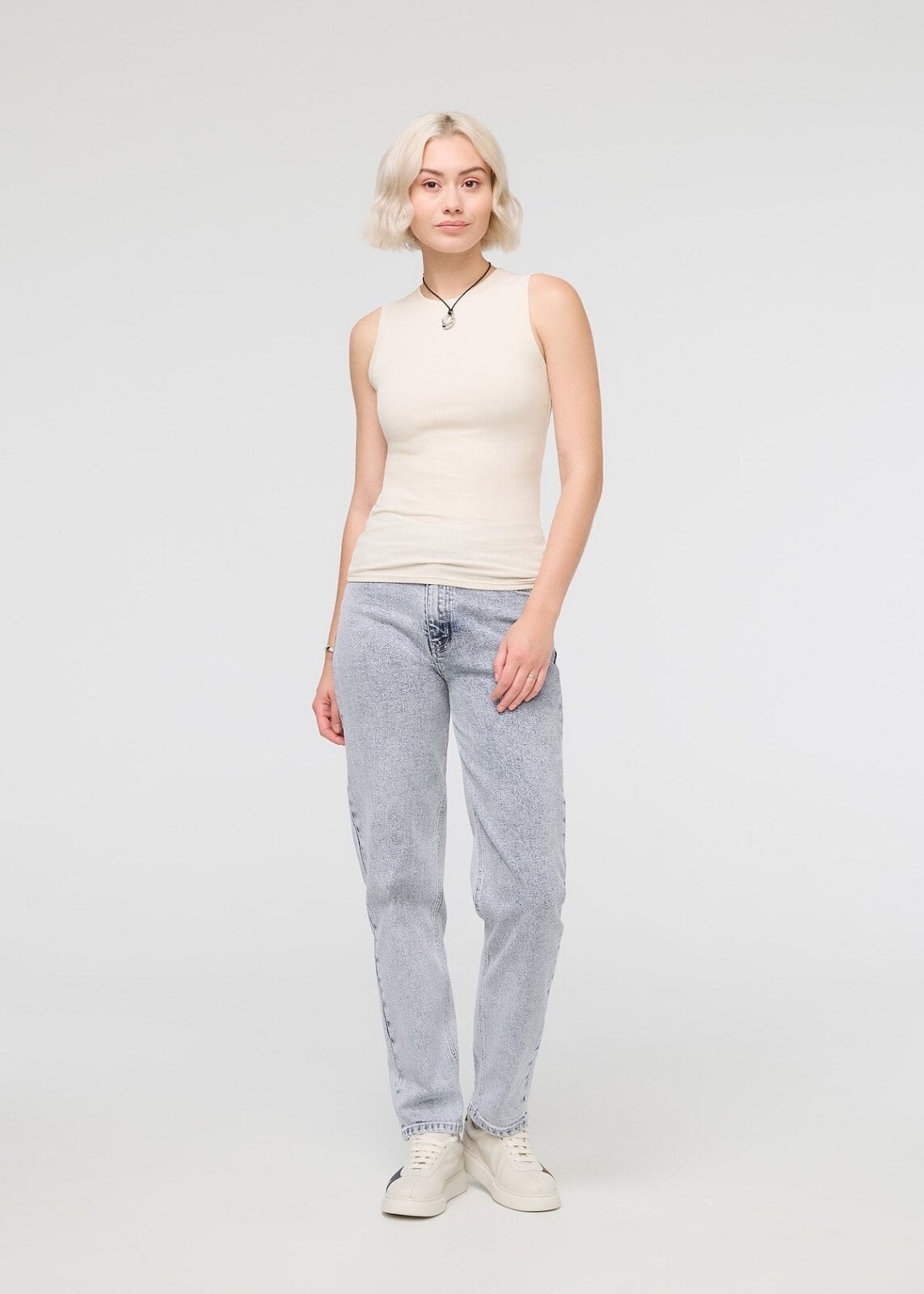 womens off-white ribbed pima cotton high neck tank full body