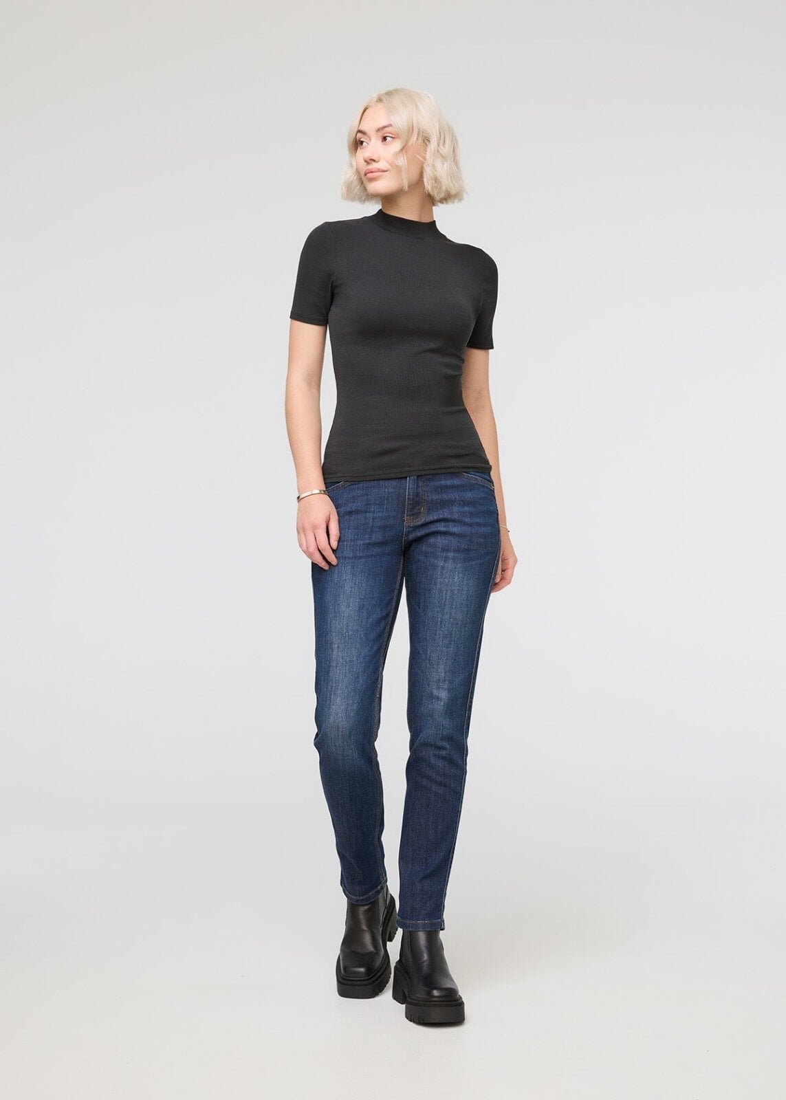 womens black pima cotton mock neck t-shirt full body